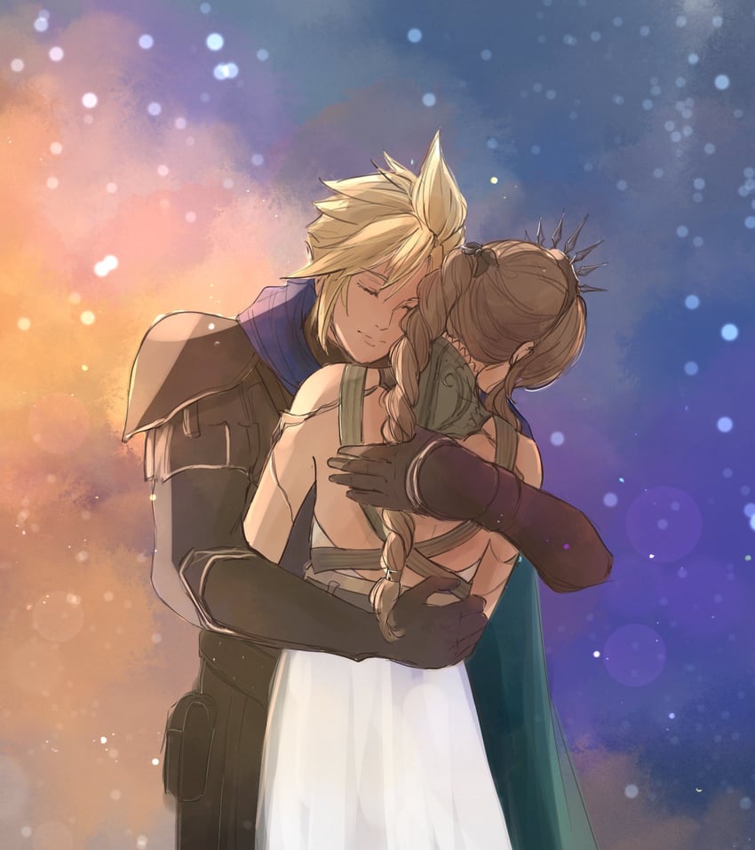 cloud strife and aerith gainsborough (final fantasy and 3 more) drawn by papermint_tea