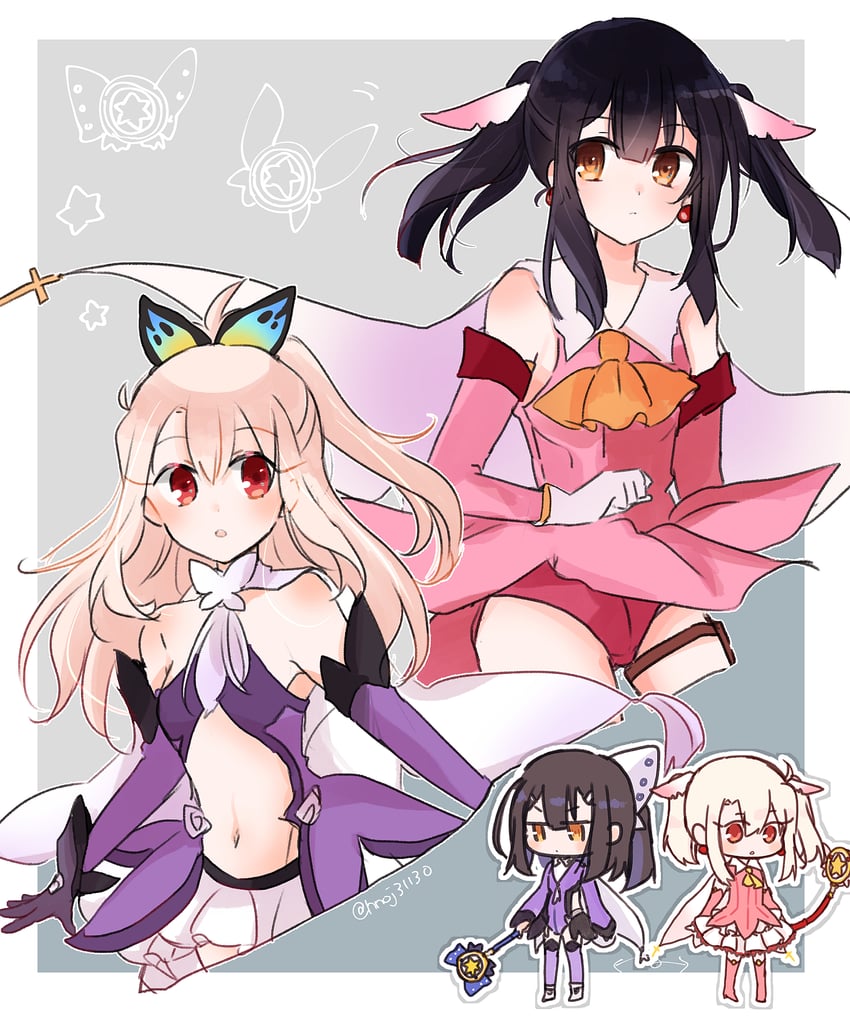 illyasviel von einzbern, miyu edelfelt, prisma illya, magical ruby, and magical sapphire (fate and 1 more) drawn by saihara
