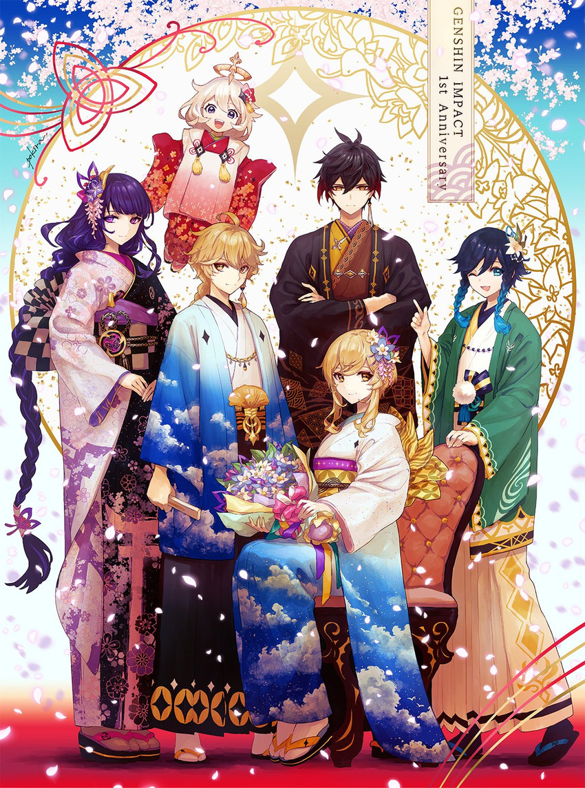lumine, raiden shogun, aether, zhongli, venti, and 1 more (genshin impact) drawn by pokira