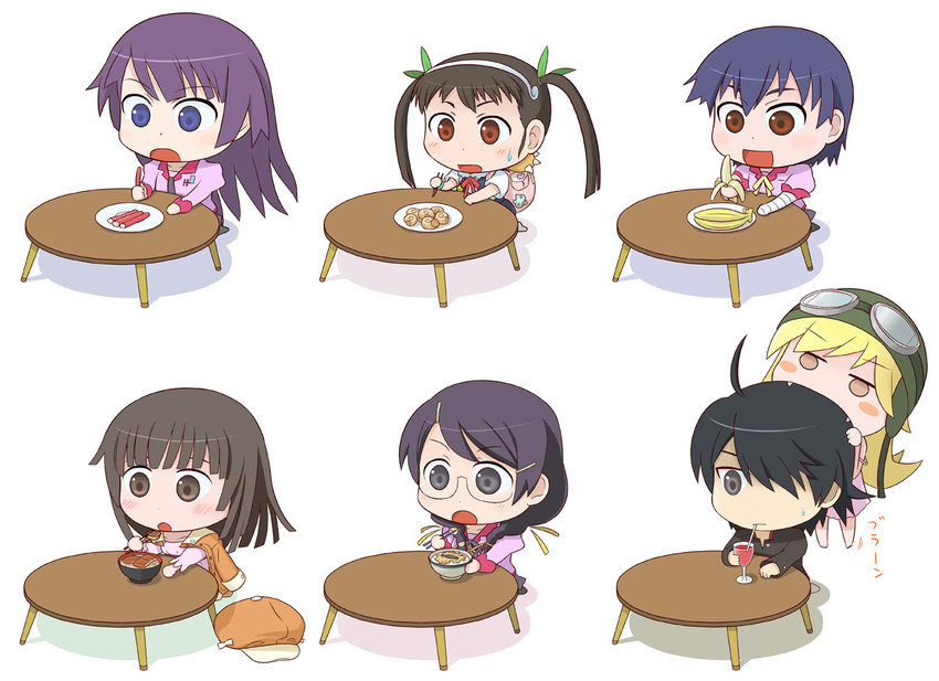 oshino shinobu, senjougahara hitagi, hanekawa tsubasa, sengoku nadeko, hachikuji mayoi, and 2 more (monogatari and 2 more) drawn by denden
