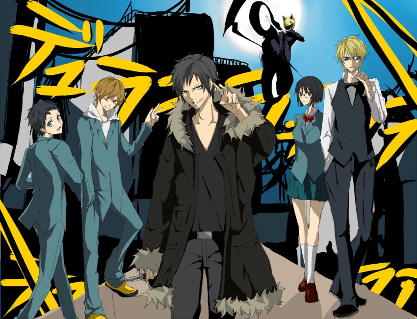 orihara izaya, sonohara anri, heiwajima shizuo, celty sturluson, ryuugamine mikado, and 1 more (durarara!!) drawn by tobari_(senatoiso)
