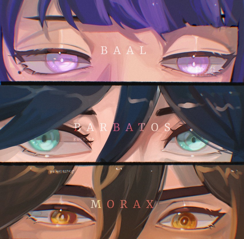 raiden shogun, zhongli, and venti (genshin impact) drawn by kuehjpg