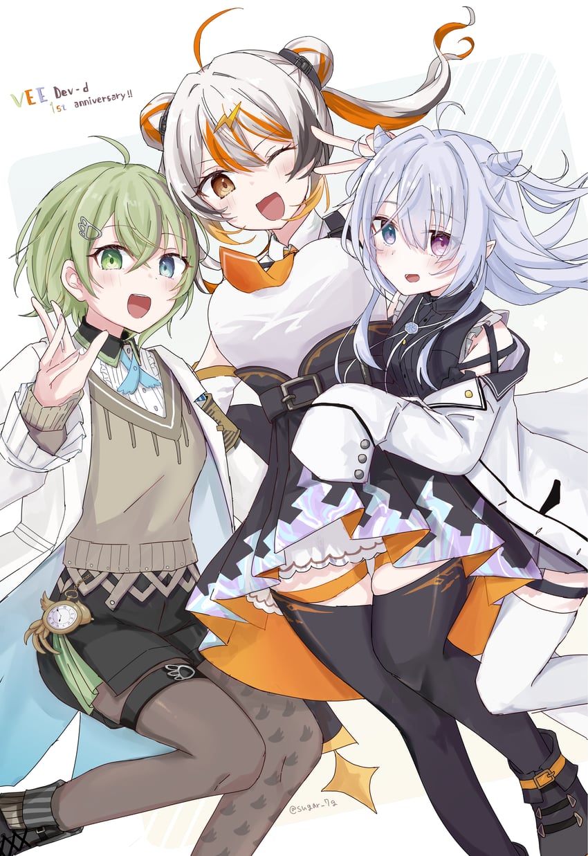 erai amae, yurikawa yun, and kitashirakawa kakapo (vee) drawn by sugar_7g