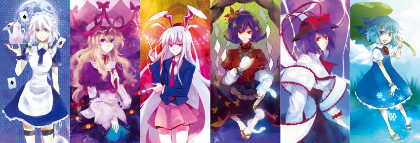 izayoi sakuya, cirno, yakumo yukari, reisen udongein inaba, yasaka kanako, and 1 more (touhou) drawn by nr_(cmnrr)