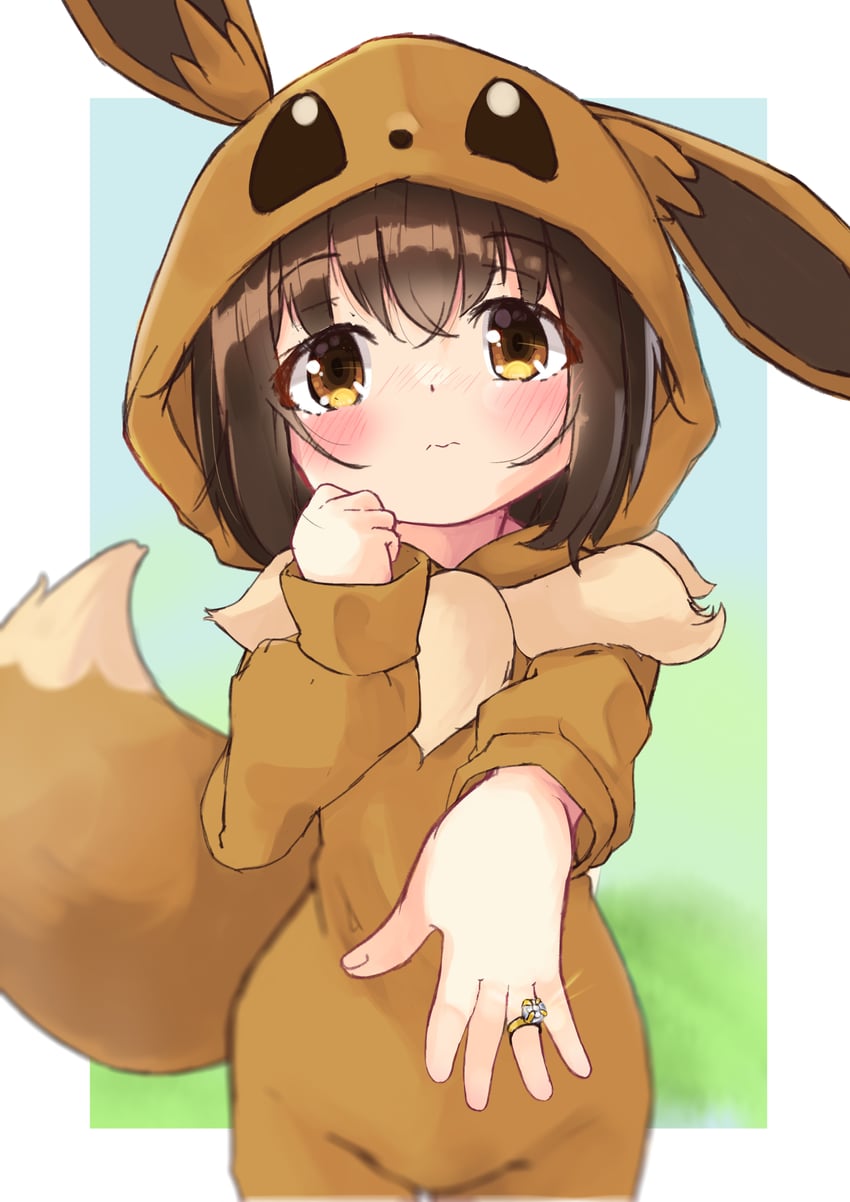 eevee and poke kid (pokemon and 1 more) drawn by manabe_mana