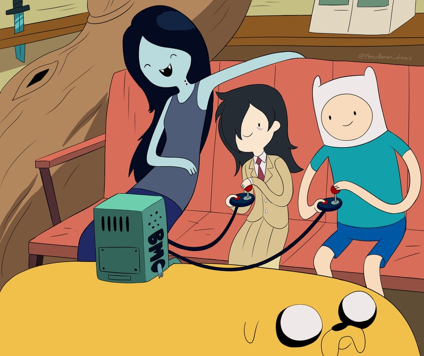 kuroki tomoko, marceline abadeer, finn the human, and jake the dog (watashi ga motenai no wa dou kangaetemo omaera ga warui! and 1 more) drawn by pencilman_draws