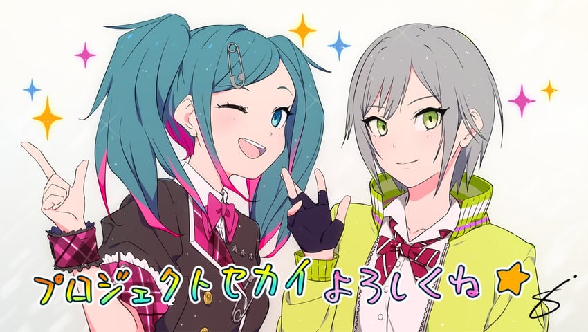 hatsune miku, hinomori shiho, and leo/need miku (vocaloid and 1 more) drawn by sohin