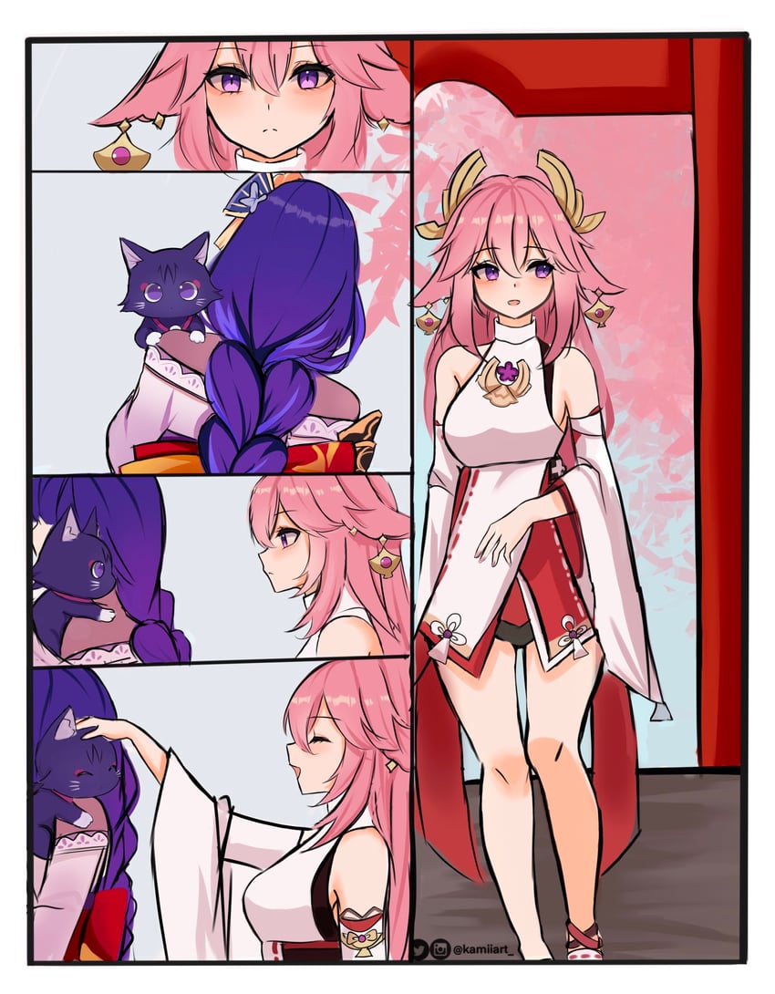 raiden shogun, yae miko, and scaramouche (genshin impact) drawn by kamiiart
