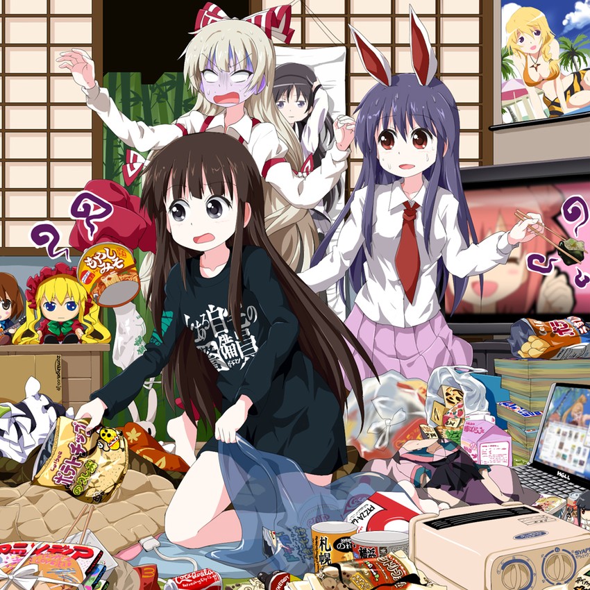 reisen udongein inaba, akemi homura, fujiwara no mokou, houraisan kaguya, hirasawa yui, and 8 more (touhou and 10 more) drawn by ruu_(tksymkw)