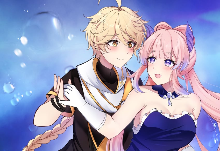 aether and sangonomiya kokomi (genshin impact) drawn by midori_(midori13579)