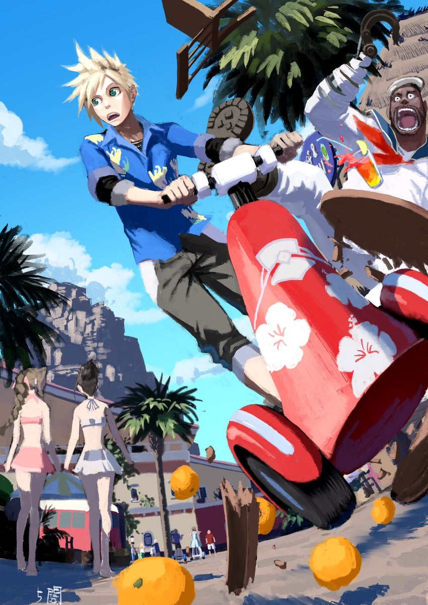 tifa lockhart, cloud strife, aerith gainsborough, and barret wallace (final fantasy and 3 more) drawn by 5tatsu