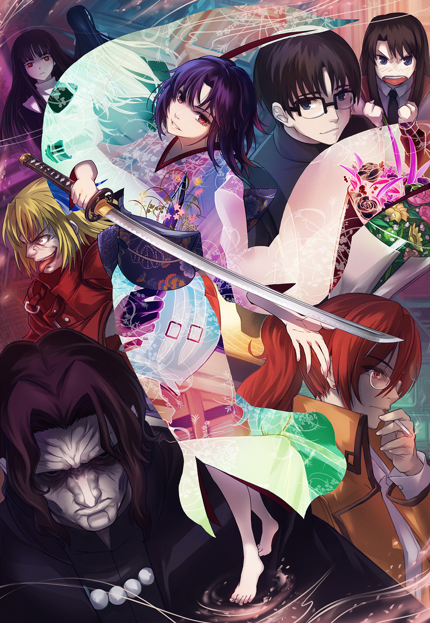 ryougi shiki, aozaki touko, void shiki, asagami fujino, kokutou mikiya, and 4 more (kara no kyoukai) drawn by todee