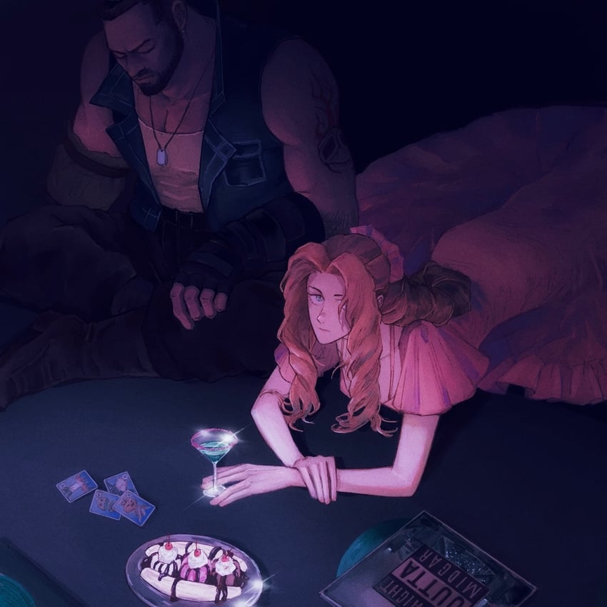 cloud strife, aerith gainsborough, and barret wallace (final fantasy and 4 more) drawn by mi_(scissortropical)