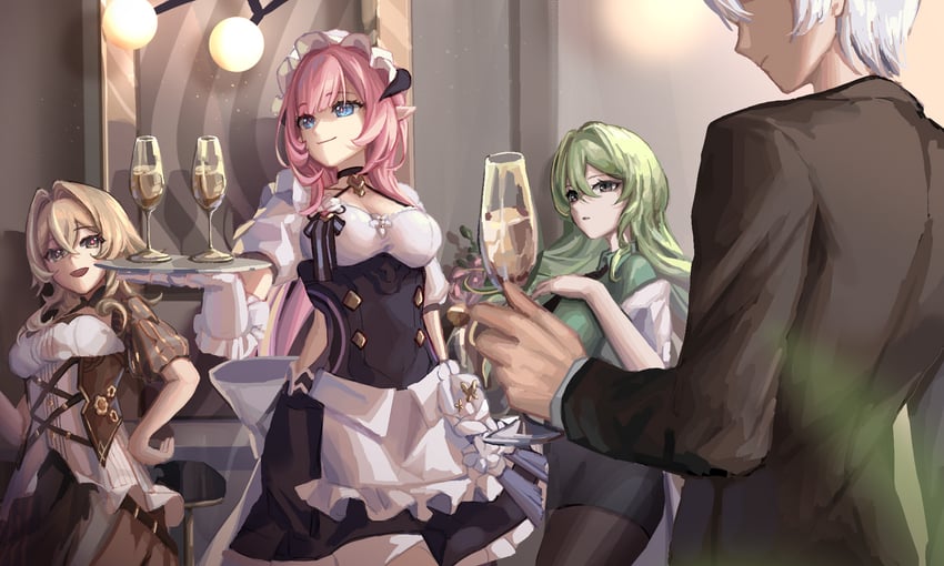 elysia, mobius, kevin kaslana, and vill-v (honkai and 1 more) drawn by chuanshanjiajibingwan