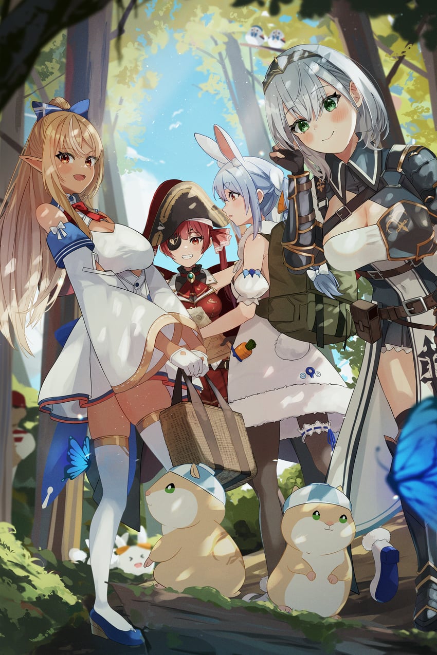 houshou marine, usada pekora, shirogane noel, shiranui flare, kintsuba, and 3 more (hololive) drawn by haru_yu