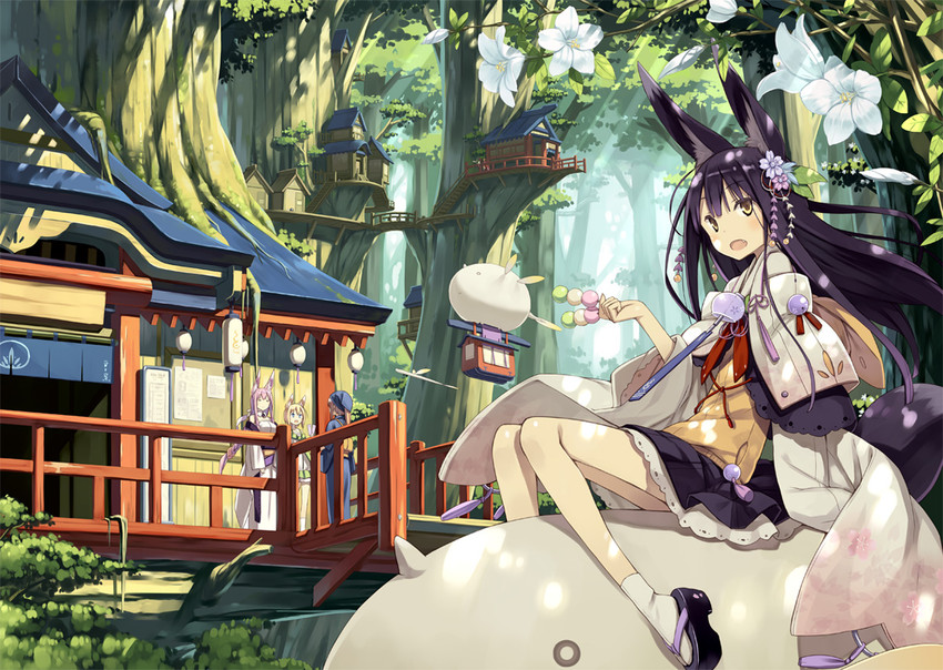shiratama kitsune, kuromitsu nene, and momoyama tsutsune (original) drawn by poco_(asahi_age)