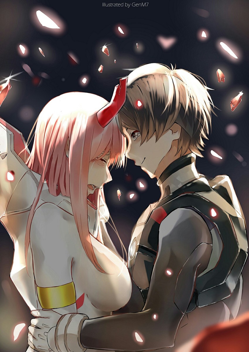 zero two and hiro (darling in the franxx) drawn by genm7