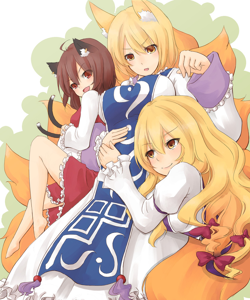 yakumo yukari, yakumo ran, and chen (touhou) drawn by zannen_na_neko