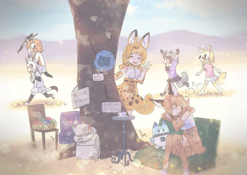 serval, common raccoon, fennec, lucky beast, caracal, and 2 more (kemono friends) drawn by hasu_(zatsugami)