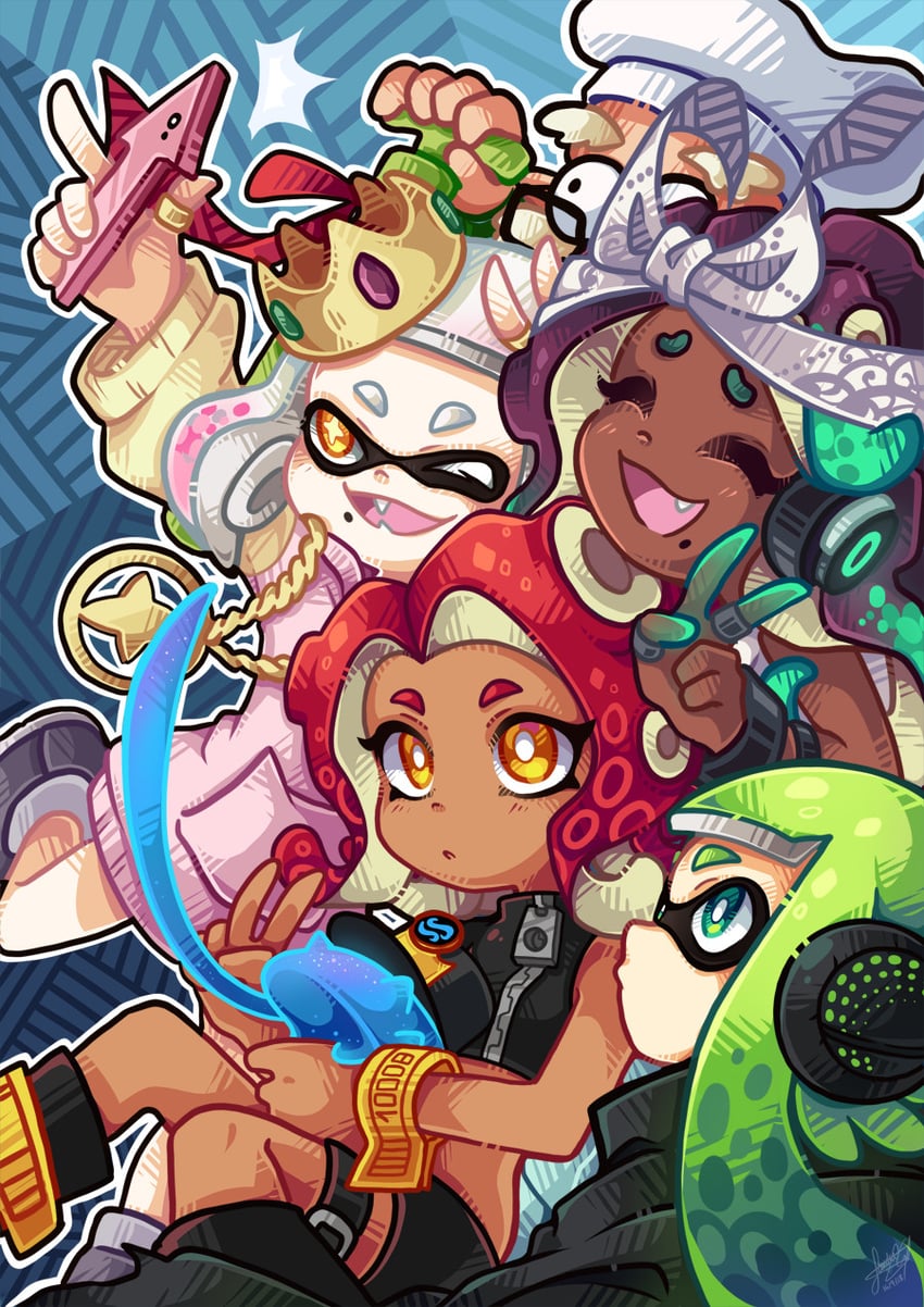 inkling player character, inkling girl, octoling player character, octoling girl, agent 8, and 5 more (splatoon and 2 more) drawn by sandragh