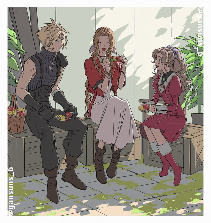 cloud strife, aerith gainsborough, and chloe (final fantasy and 3 more) drawn by roku_(gansuns)