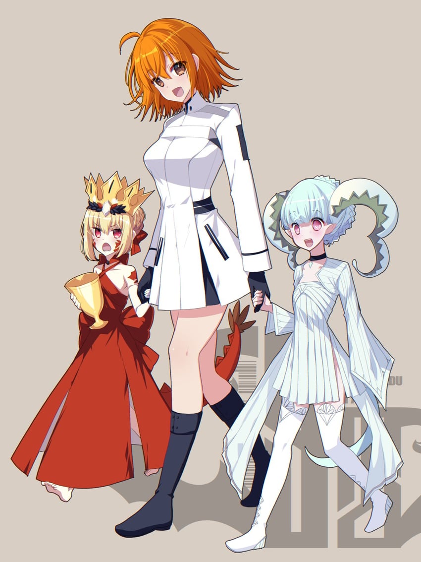 fujimaru ritsuka, nero claudius, queen draco, tiamat, and larva tiamat (fate and 1 more) drawn by tajima_yoshikazu