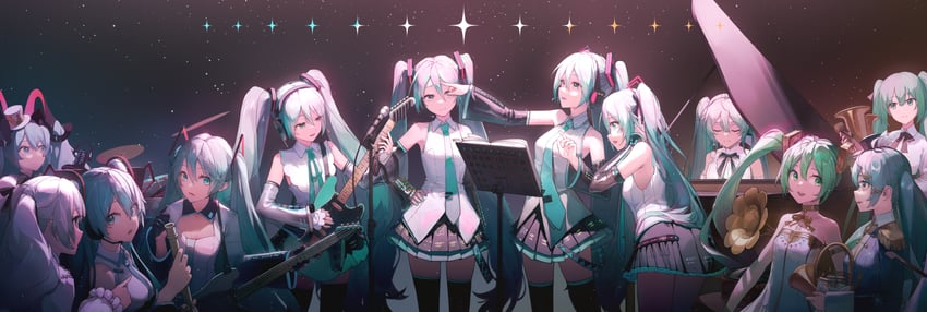 hatsune miku, yuki miku, magical mirai miku, 25-ji miku, and gramophone miku (vocaloid and 4 more) drawn by ly.t