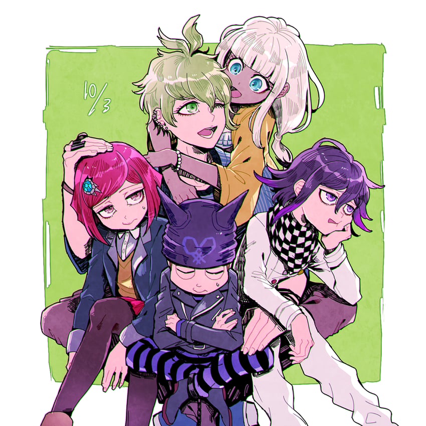 oma kokichi, yumeno himiko, amami rantaro, yonaga angie, and hoshi ryoma (danganronpa and 1 more) drawn by yyy246