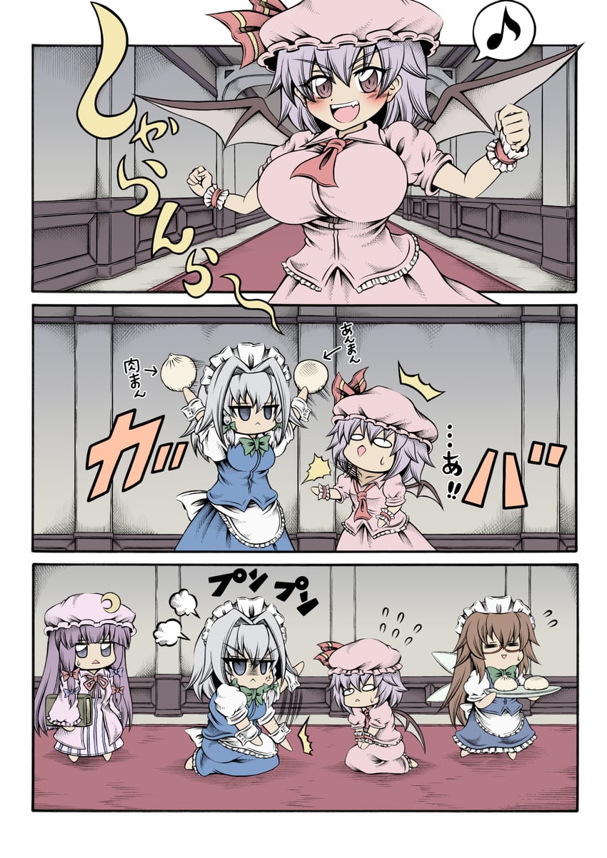 remilia scarlet, izayoi sakuya, patchouli knowledge, and fairy maid (touhou) drawn by hidefu_kitayan