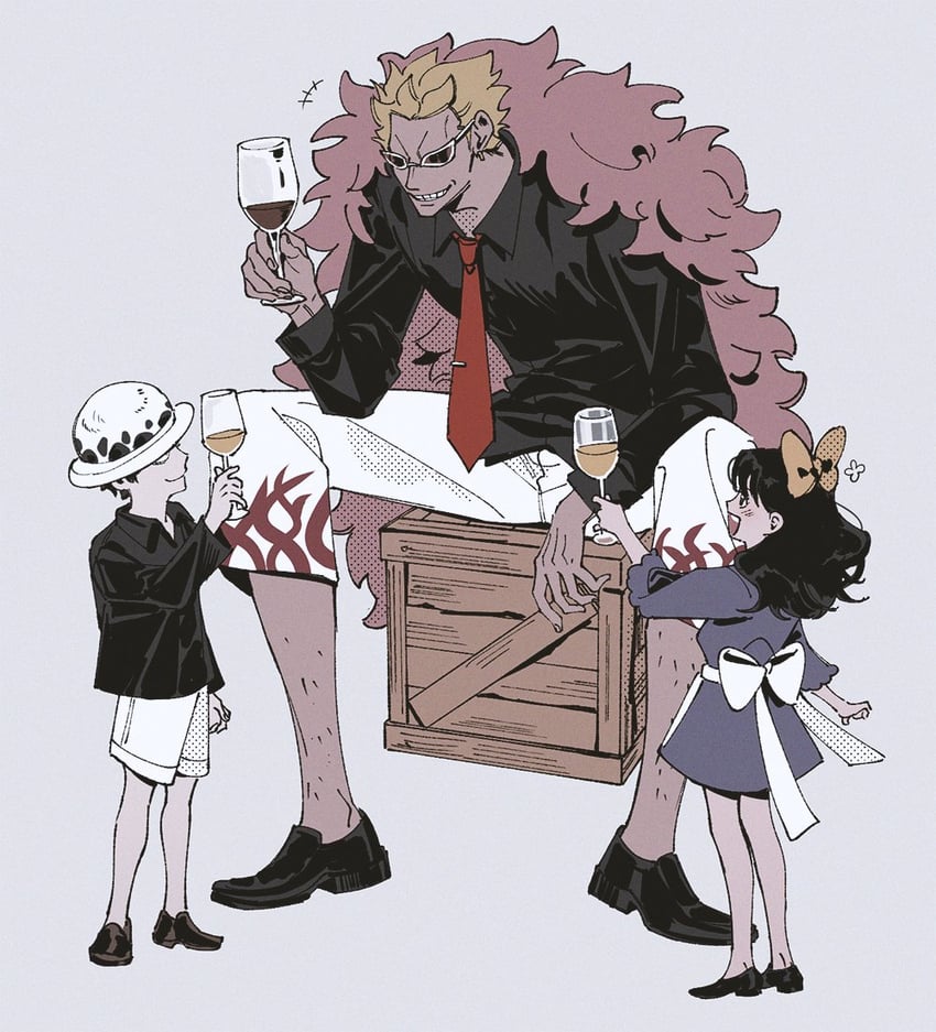 trafalgar law, donquixote doflamingo, and baby 5 (one piece) drawn by dodo_(cutedodo3131ns)