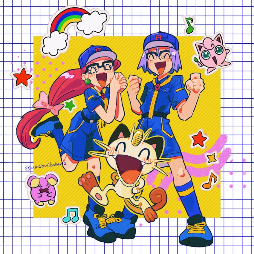jessie, james, jigglypuff, meowth, and whismur (pokemon and 1 more) drawn by umebosibakari2