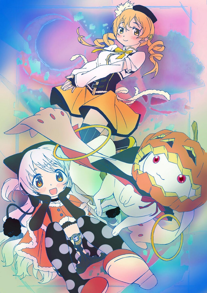 tomoe mami, kyubey, and momoe nagisa (mahou shoujo madoka magica and 1 more) drawn by terao_hiroyuki