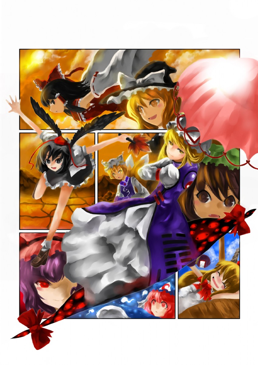 hakurei reimu, kirisame marisa, remilia scarlet, yakumo yukari, shameimaru aya, and 4 more (touhou) drawn by mikihiro