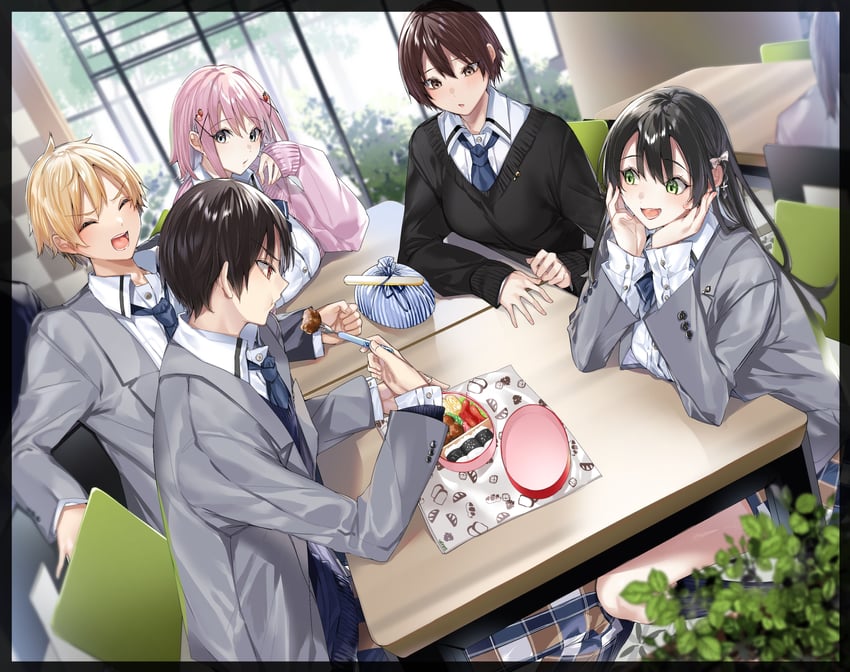 hitotsuba kaede, yoshizumi yuya, nikaido ai, ootsuki akiho, and shinji higure (ryoushin no shakkin) drawn by kakao_(chocolate_land)