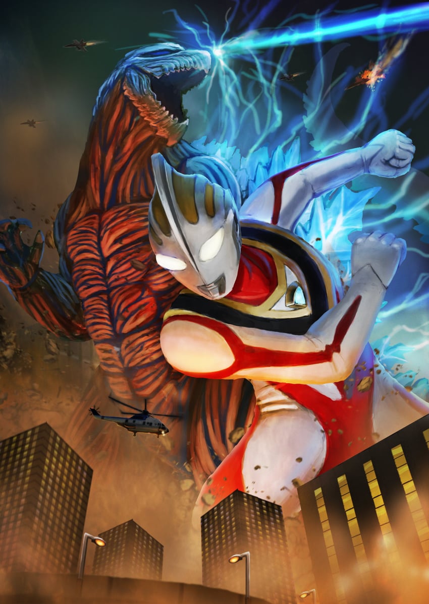 godzilla, ultraman gaia, and godzilla earth (ultra series and 5 more) drawn by yamakazema