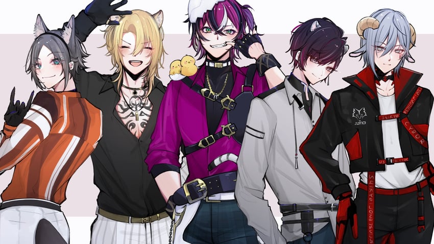 luca kaneshiro, mysta rias, fulgur ovid, doppio dropscythe, and ver vermillion (nijisanji and 1 more) drawn by yukishiro_(boma_winter)
