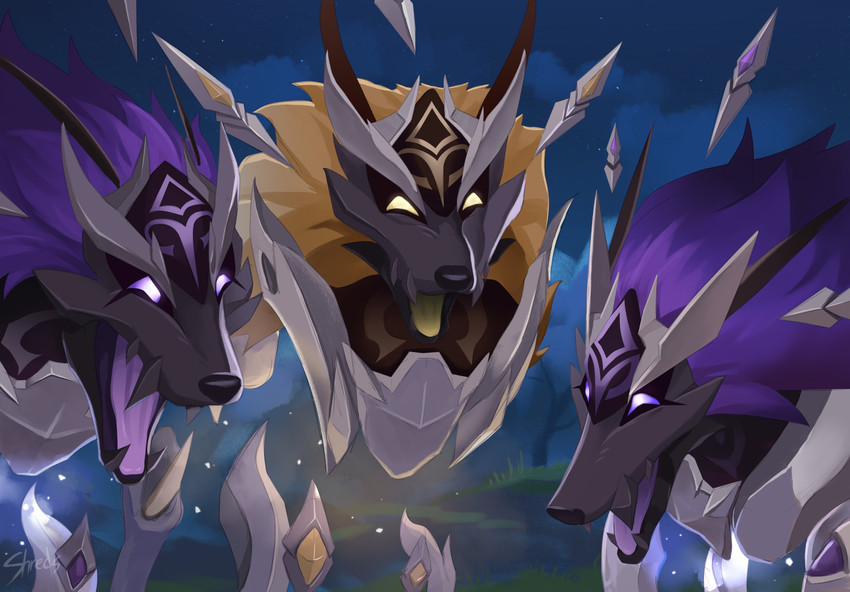 rifthound, thundercraven rifthound, and rockfond rifthound (genshin impact) drawn by shreds_(shreds_tweets)