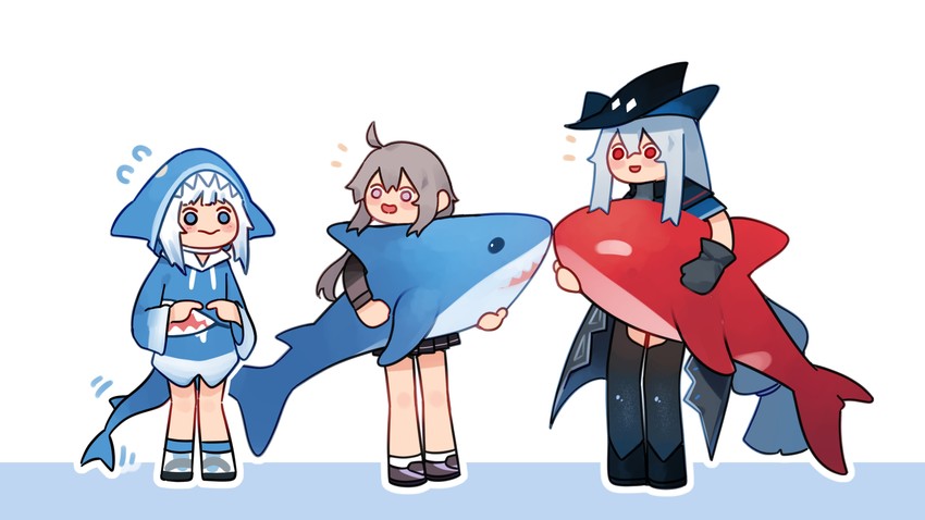 gawr gura, skadi, and m200 (hololive and 3 more) drawn by kani_fish