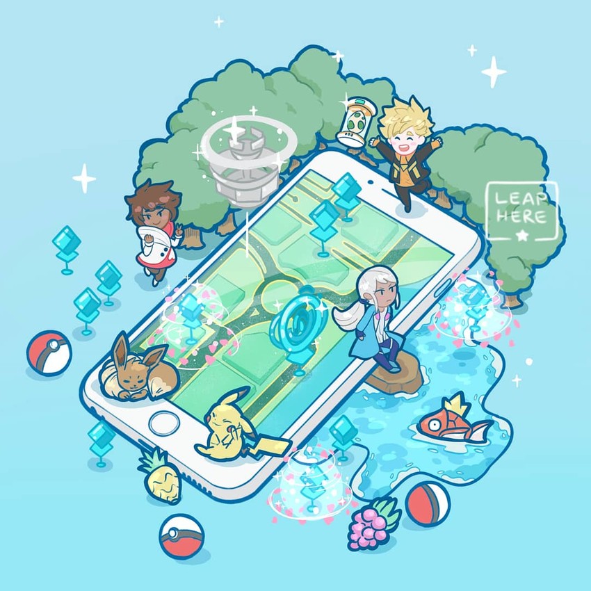 pikachu, eevee, magikarp, spark, candela, and 1 more (pokemon and 1 more) drawn by leaphere