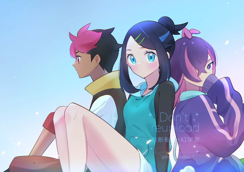 liko, dot, and roy (pokemon and 1 more) drawn by rei_hinketsu