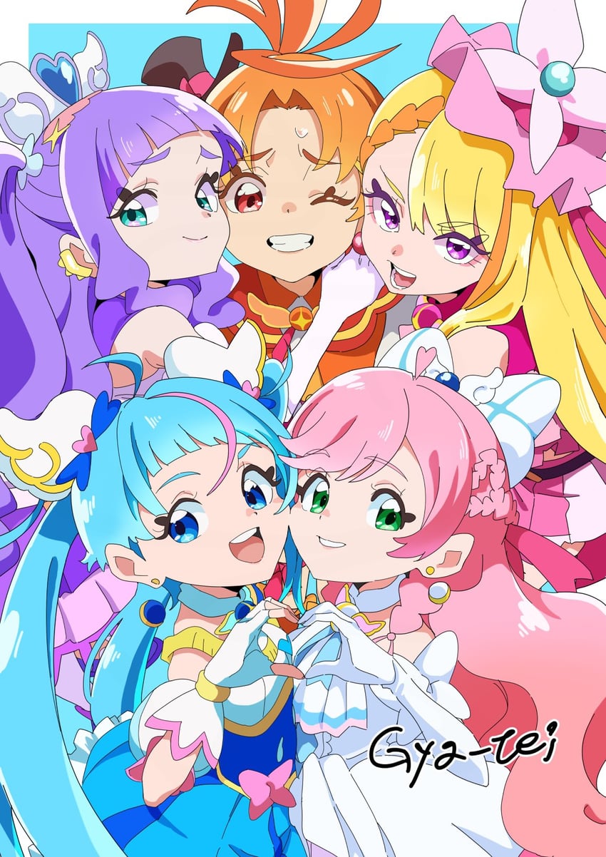 sora harewataru, nijigaoka mashiro, cure sky, hijiri ageha, cure prism, and 5 more (precure and 1 more) drawn by gya-tei
