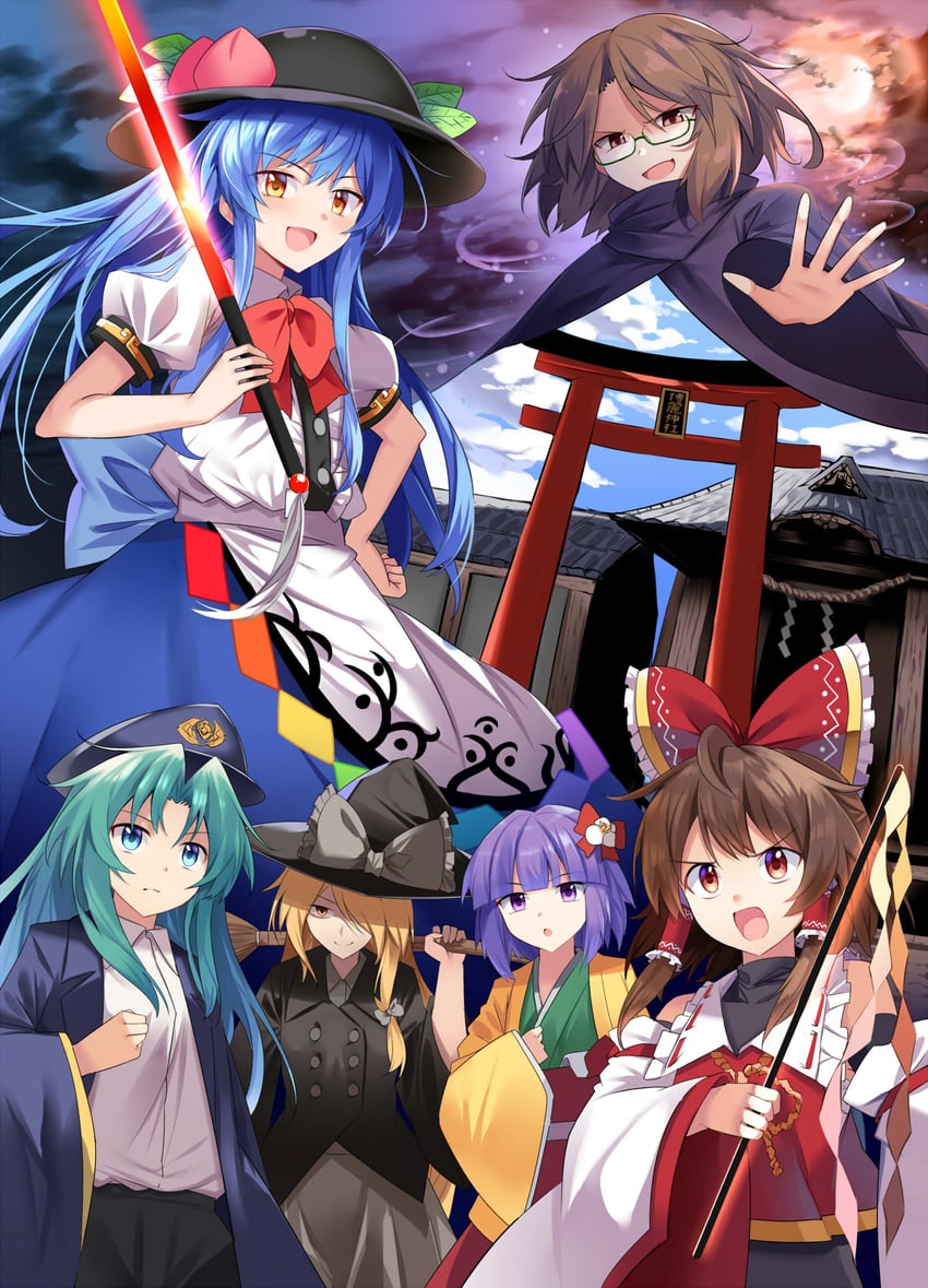 hakurei reimu, kirisame marisa, hinanawi tenshi, hieda no akyuu, usami sumireko, and 1 more (touhou) drawn by e.o.