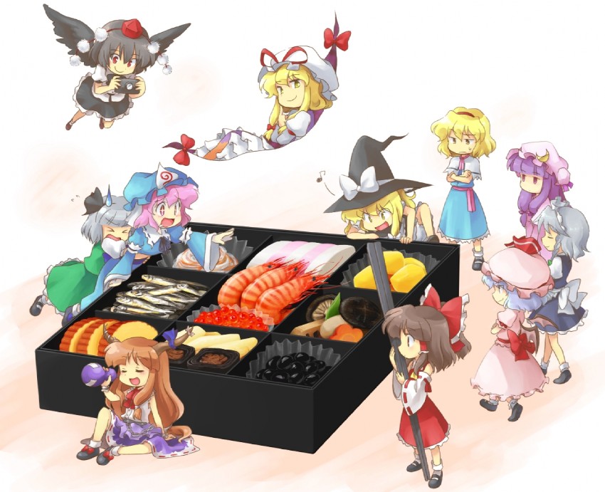 hakurei reimu, kirisame marisa, remilia scarlet, izayoi sakuya, konpaku youmu, and 6 more (touhou) drawn by hanjuku_tomato