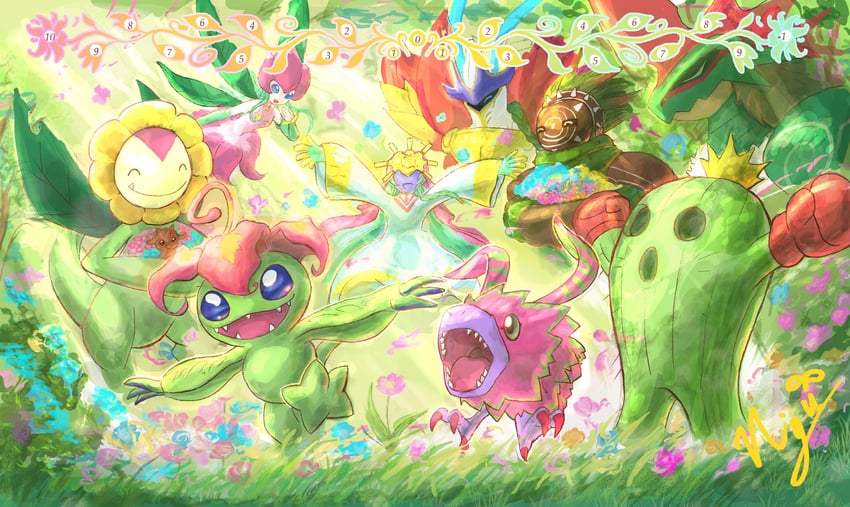 palmon, lilimon, togemon, sunflowmon, chocomon, and 6 more (digimon and 1 more) drawn by nigreenwalker
