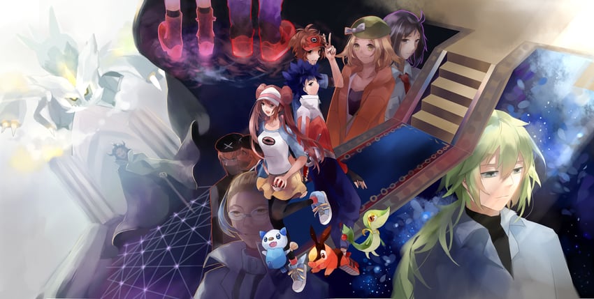rosa, hilda, hilbert, n, oshawott, and 10 more (pokemon and 1 more) drawn by kani_(tinkerbell_star)