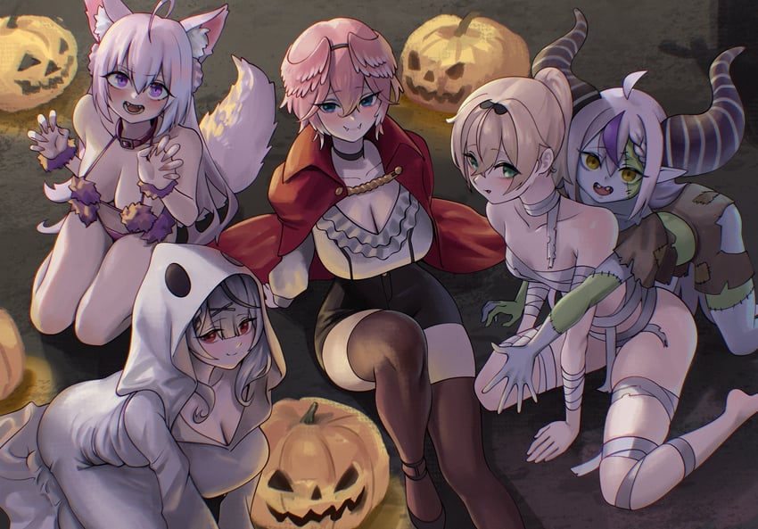 sakamata chloe, la+ darknesss, hakui koyori, kazama iroha, and takane lui (hololive) drawn by dalcom