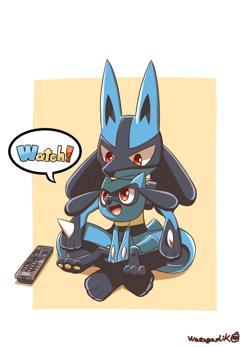 lucario and riolu (pokemon) drawn by watagashikn