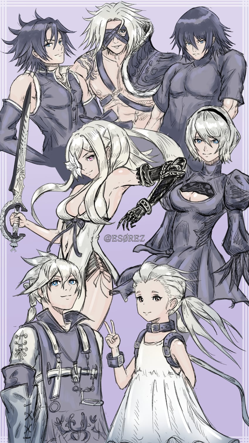 2b, zero, nier, caim, fio, and 1 more (nier:automata and 6 more) drawn by intonerzerorose