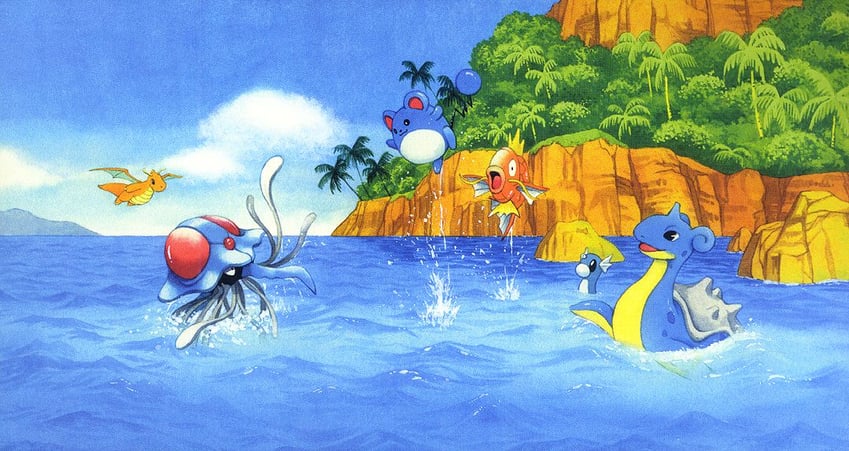 dragonite, lapras, marill, magikarp, dratini, and 1 more (pokemon and 1 more) drawn by fukuyama_keiko