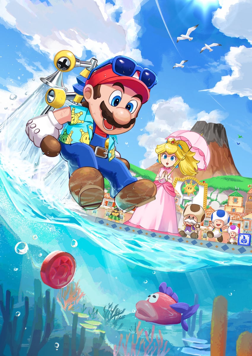 princess peach, mario, f.l.u.d.d., and blue toad (mario and 1 more) drawn by sasaki_sakiko